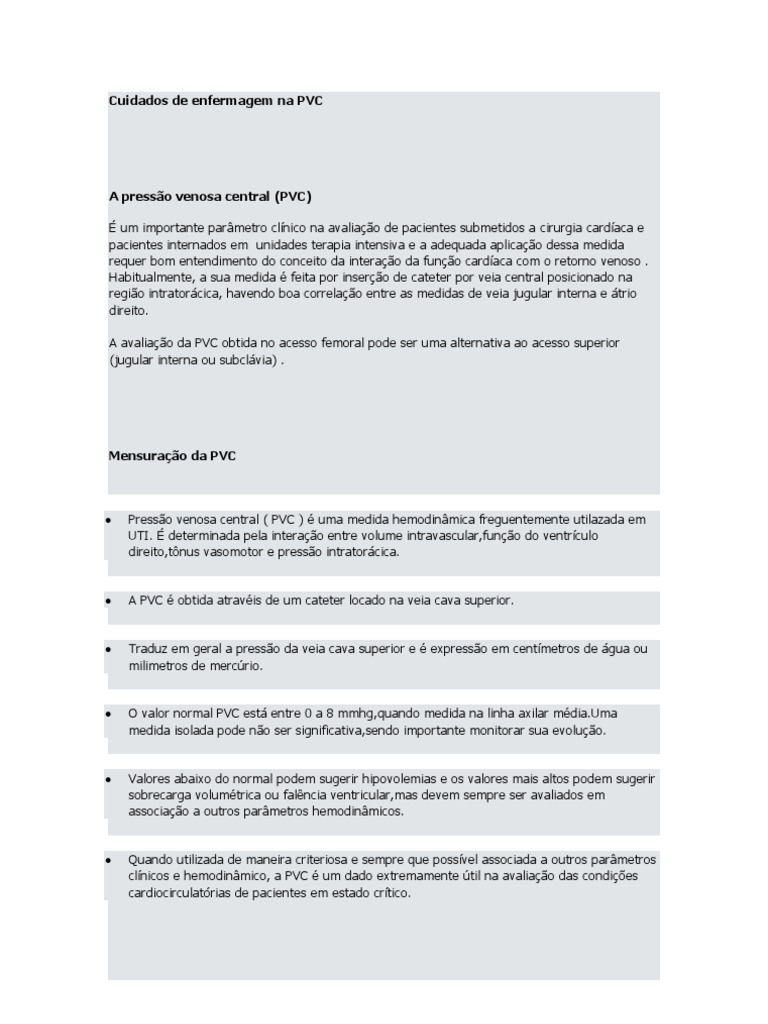 Cuidados de Enfermagem Na PVC Veia Unidade de Tratamento Intensivo