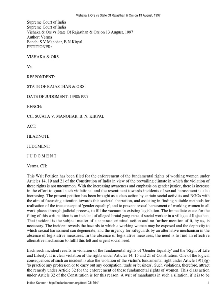 Vishaka & Ors Vs State of Rajasthan & Ors On 13 August, 1997 | PDF |  Sexual Harassment | Treaty