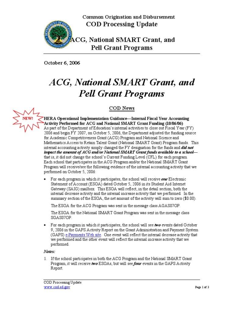COD Processing Update: ACG & SMART Grants | PDF | Pell Grant | Government