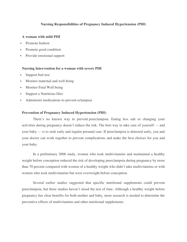 Nursing Responsibilities of Pregnancy Induced Hypertension (PIH) | PDF