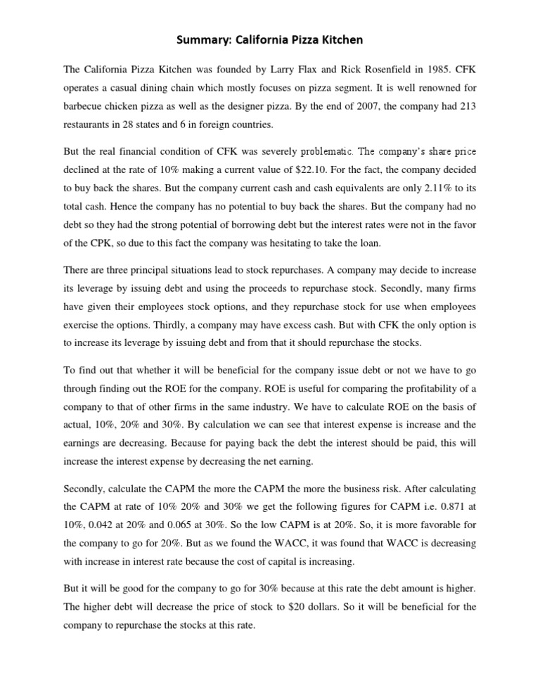 Summery of California Pizza Kitchen Case | PDF | Share Repurchase | Debt