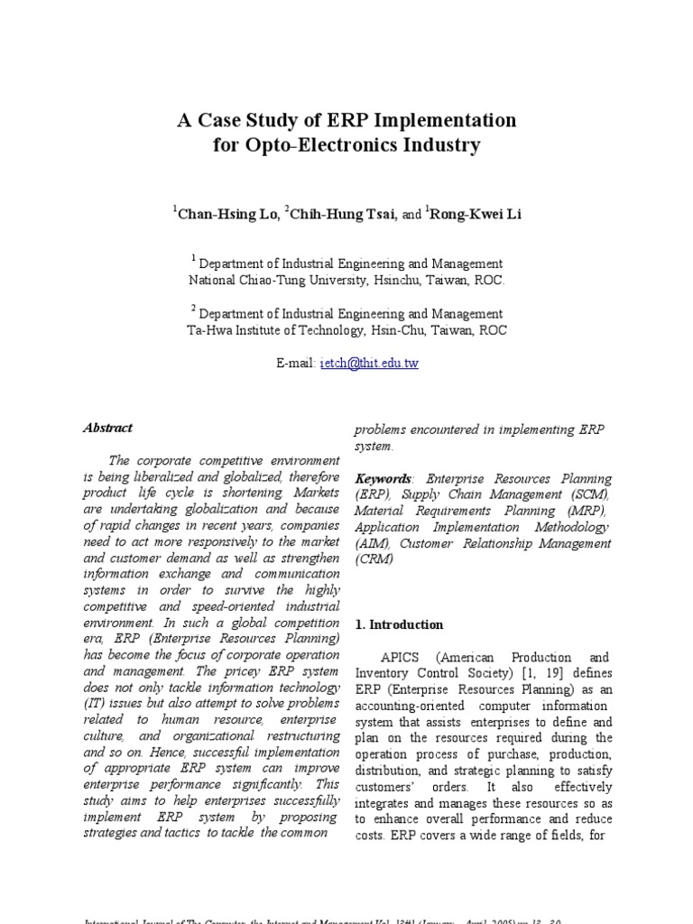 ERP Implementation in Opto-Electronics | PDF | Enterprise Resource ...
