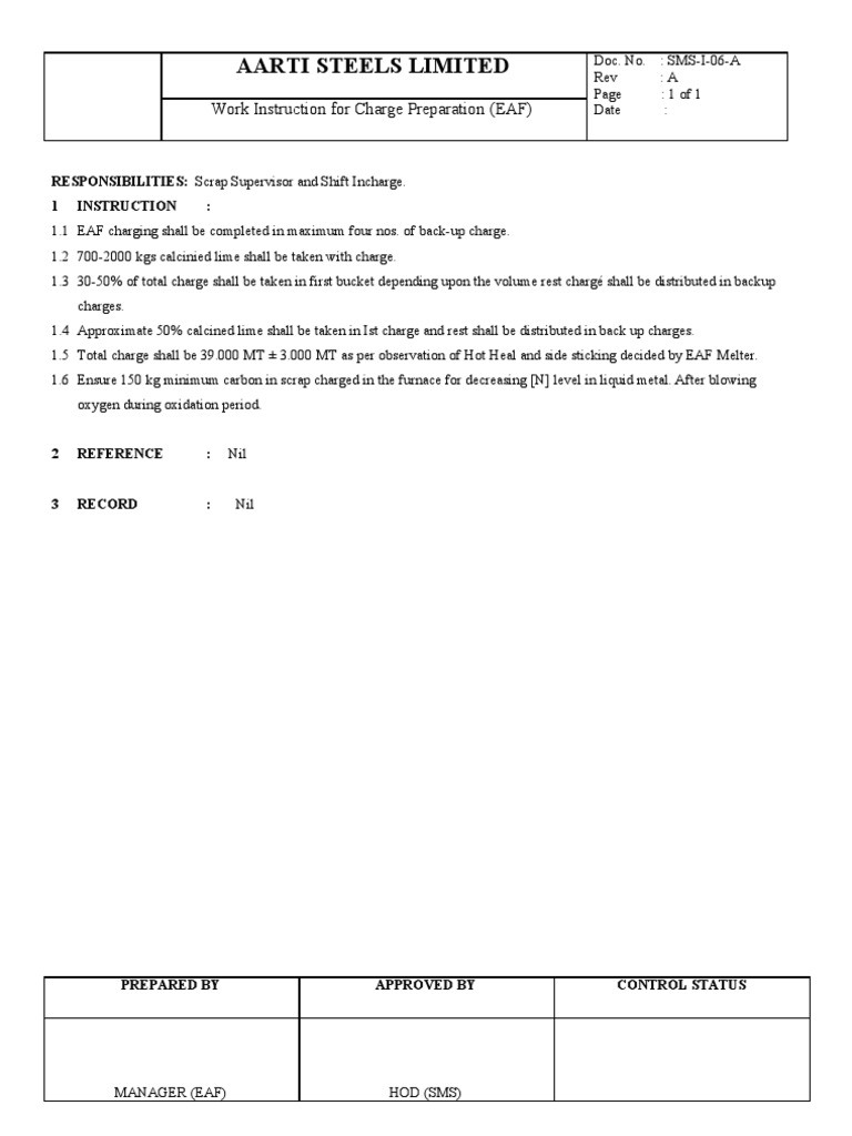 EAF Charge Preparation Work Instruction | PDF