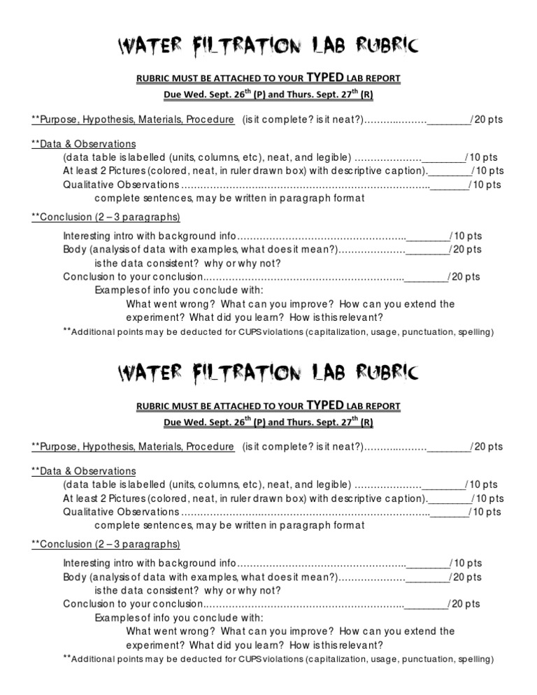 Water Filtration Lab Rubric PDF Paragraph Data