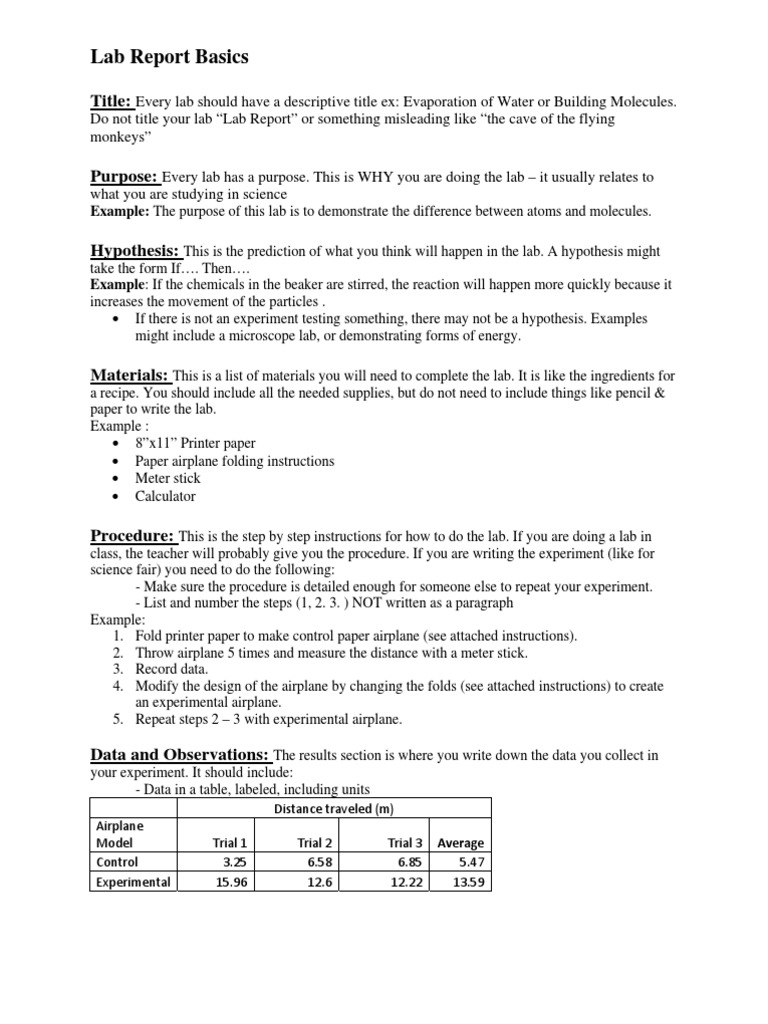 sample results section of lab report
