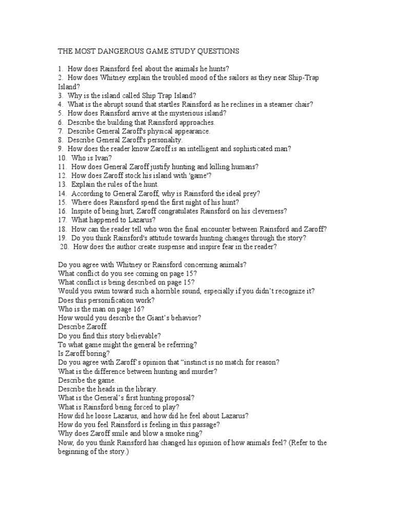worksheet The Most Dangerous Game Worksheet the most dangerous game study questions