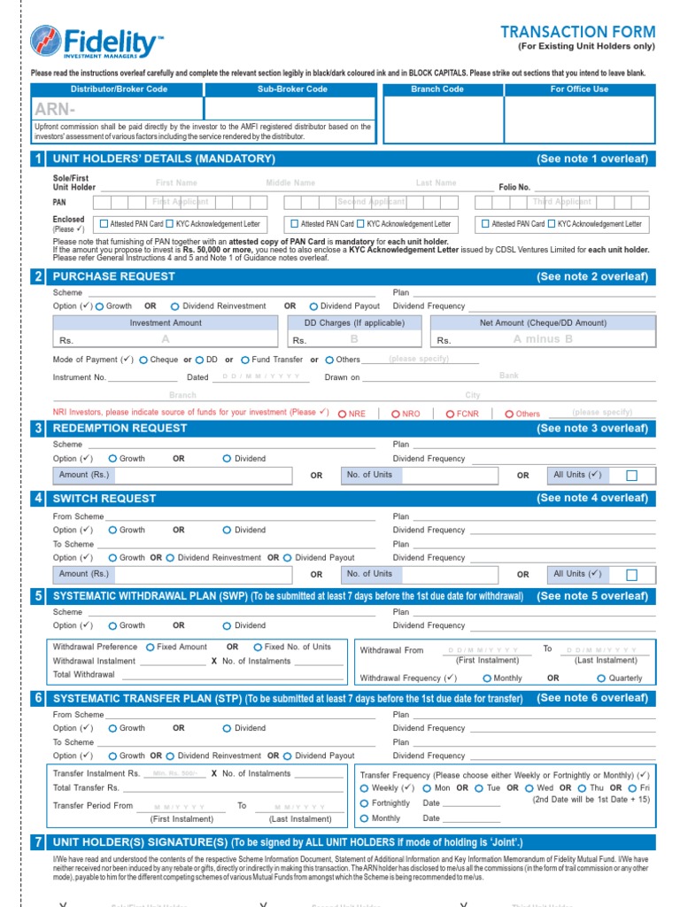 Transaction Form: Sole/First Unit Holder PAN | PDF | Cheque | Financial ...