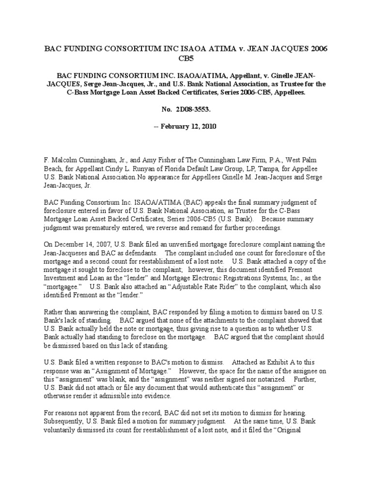 Bac Funding Consortium Inc Isaoa Atima V Summary Judgment Foreclosure