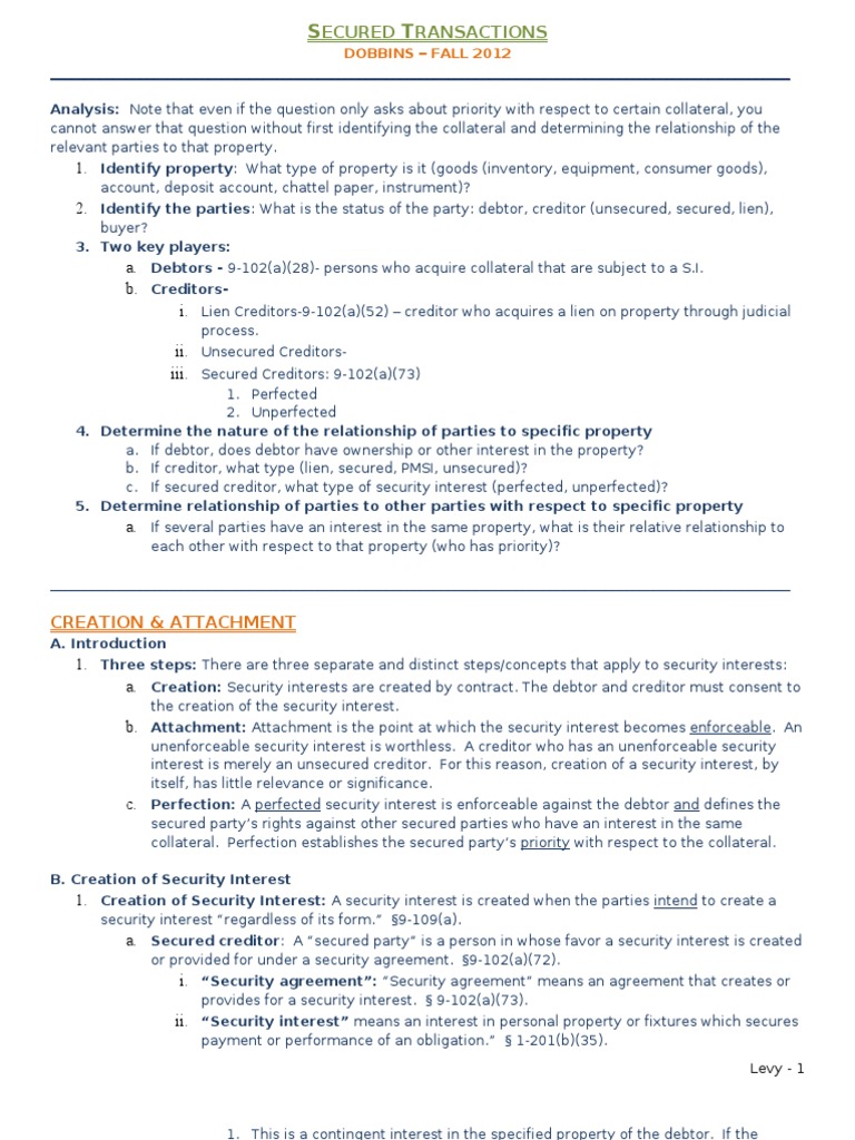 Secured Transaction Outline 2012 | PDF | Security Interest | Lien