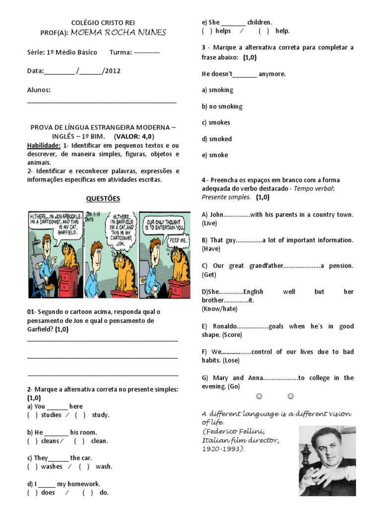 Prova de Inglês 1º Ano Ensino Médio | PDF | Idiomas