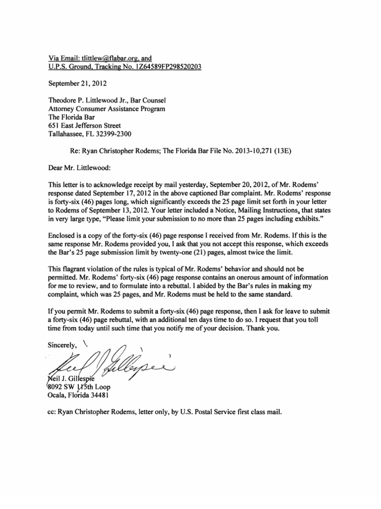 Ryan Christopher Rodems, Response To Florida Bar Complaint No. 2013 ...