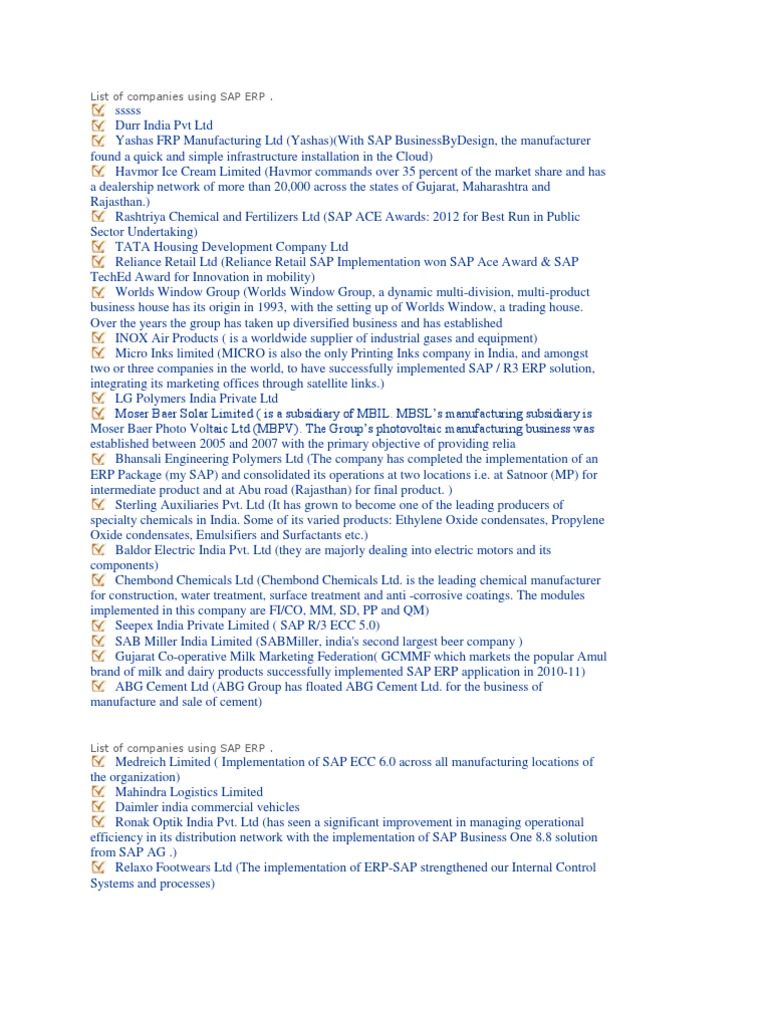 List of Companies Using SAP ERP | PDF | Sap Se | Business Process