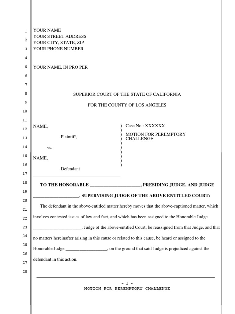 Motion for Peremptory Challenge Form | PDF | Motion In United States ...
