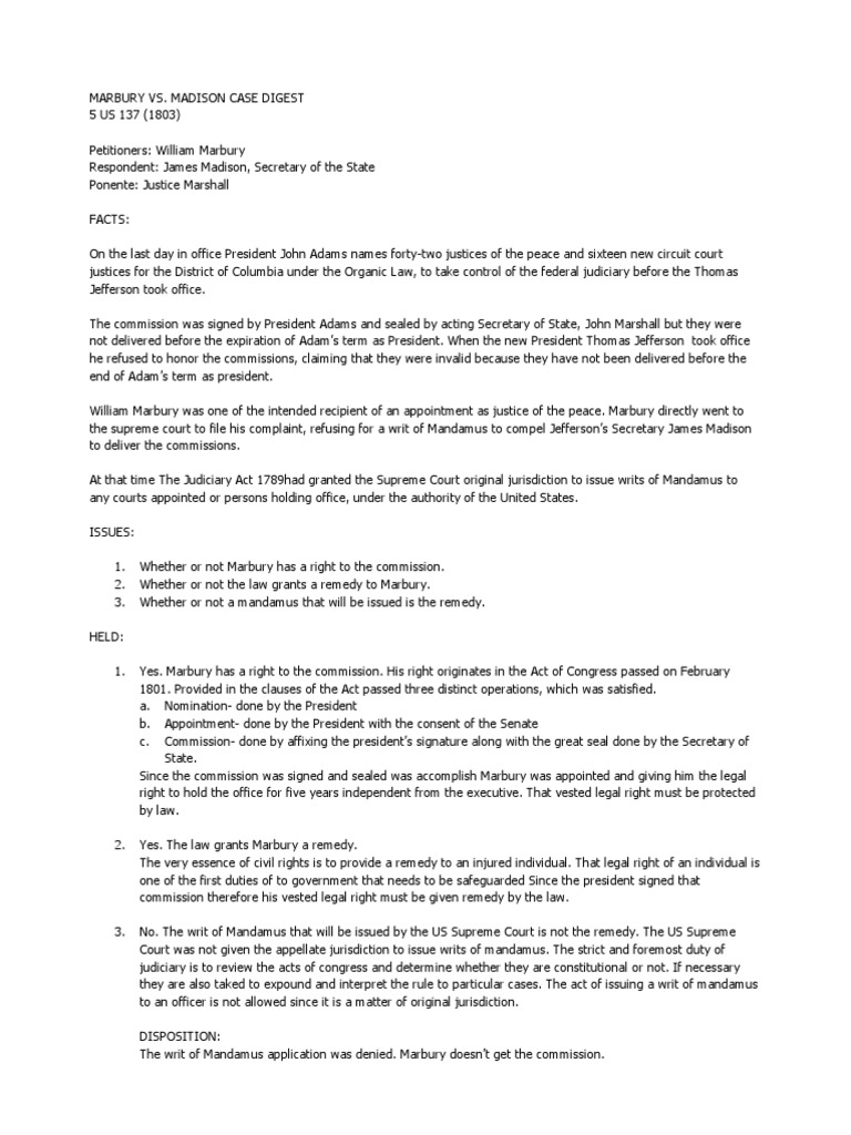 Madison V Marbury Case Brief
