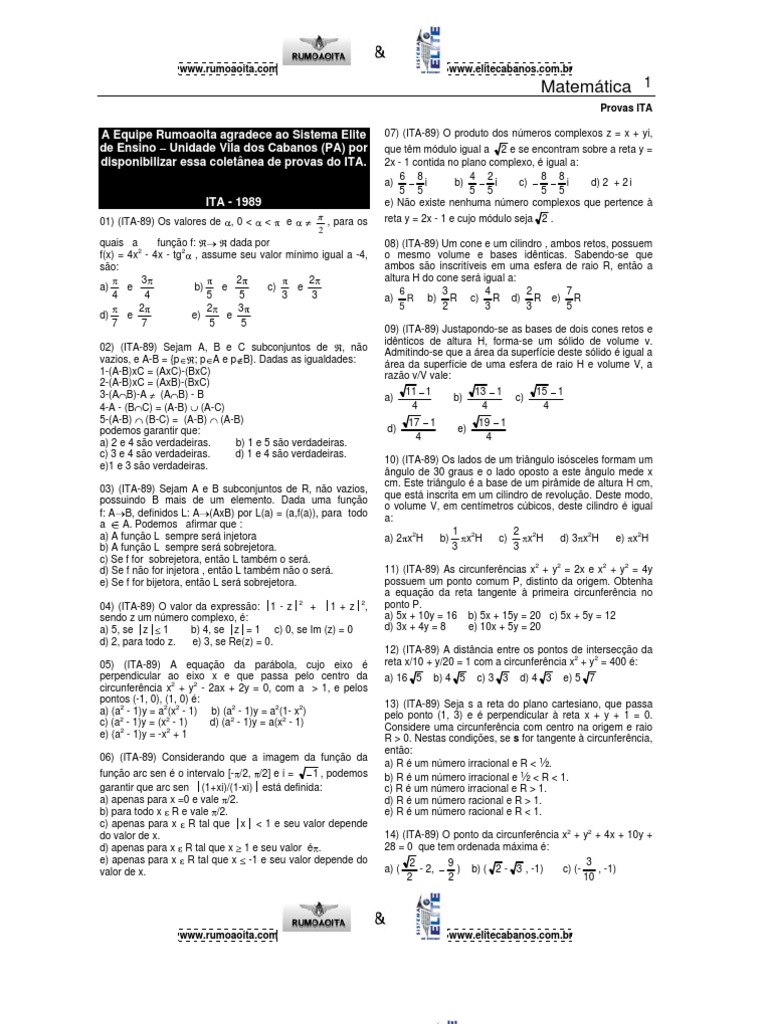 Provas de Matemática ITA 1989 | PDF | Triângulo | Círculo