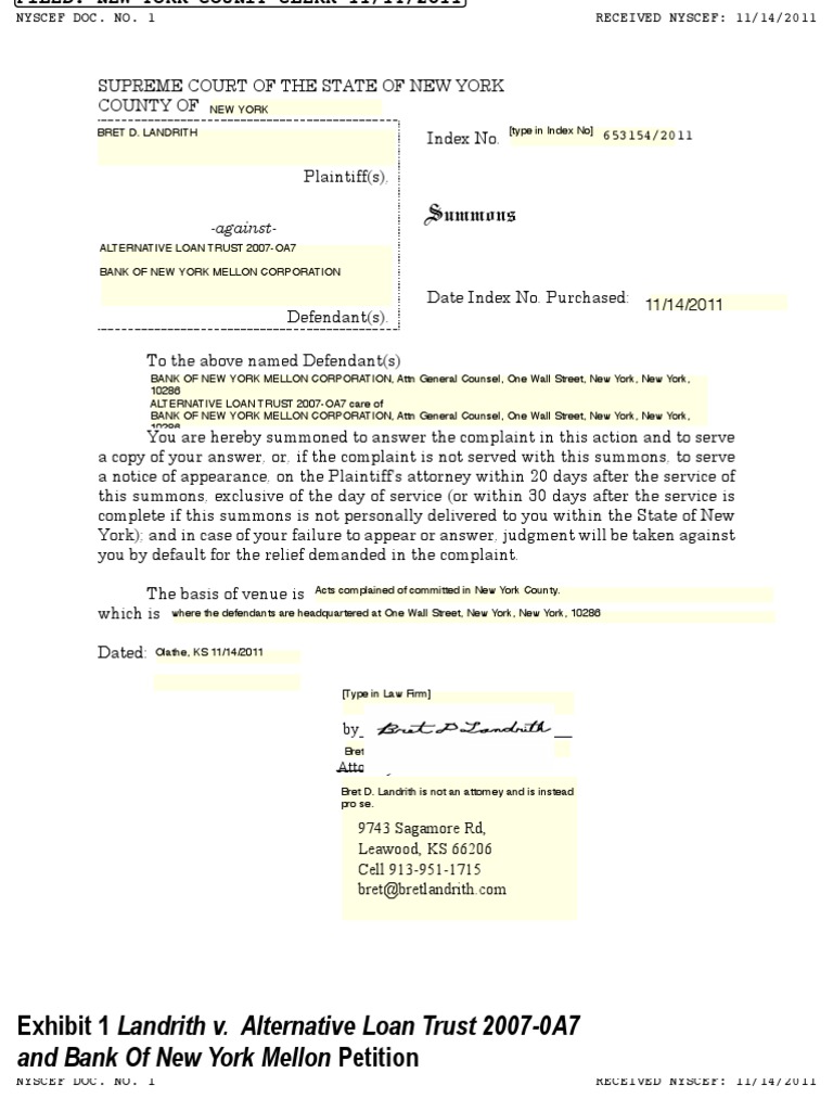Exhibit 1 Landrith v. Alternative Loan Trust 20070A7 and Bank of New