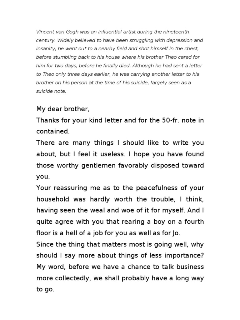 Vincent Van Gogh Suicide Note