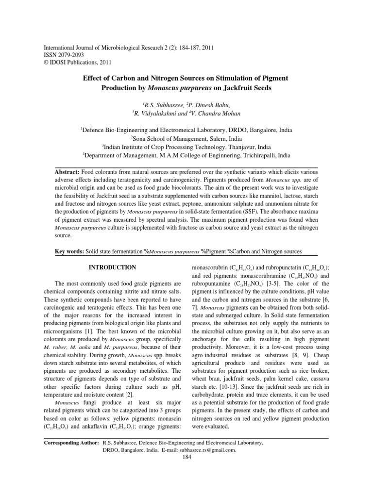 Effect of Carbon and Nitrogen Sources On Stimulation of Pigment ...