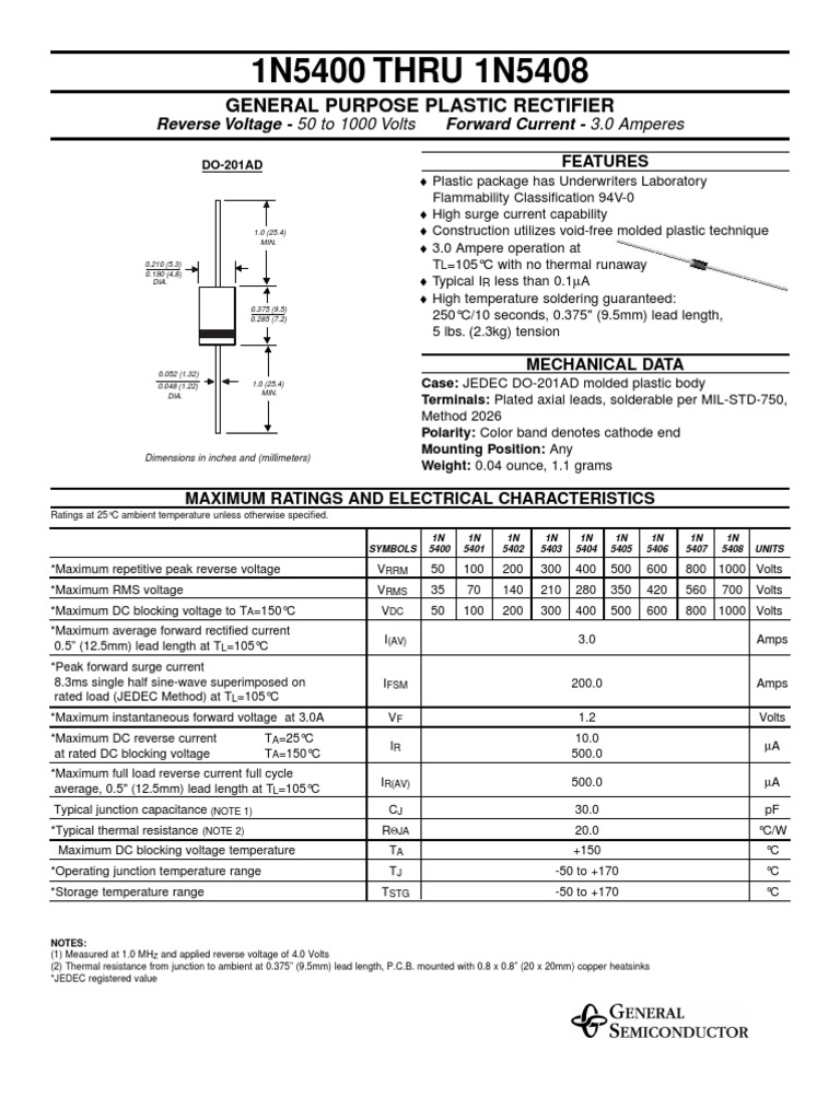 1N5408 Diode Specifications and Ratings | PDF | Rectifier | Voltage