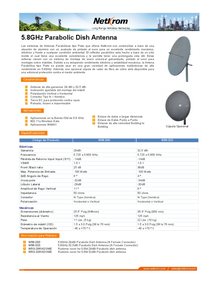 Datasheet 5.8GHz Parabolic Dish Antenna Spanish PDF