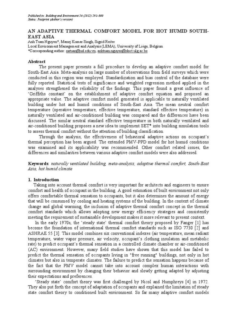 An Adaptive Thermal Comfort Model For Hot Humid South | PDF ...