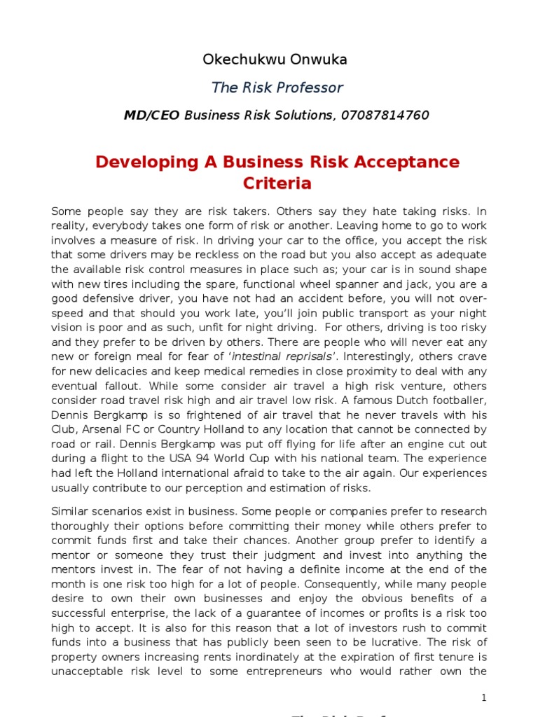 Developing The Risk Acceptance Criteria | PDF | Risk | Loans