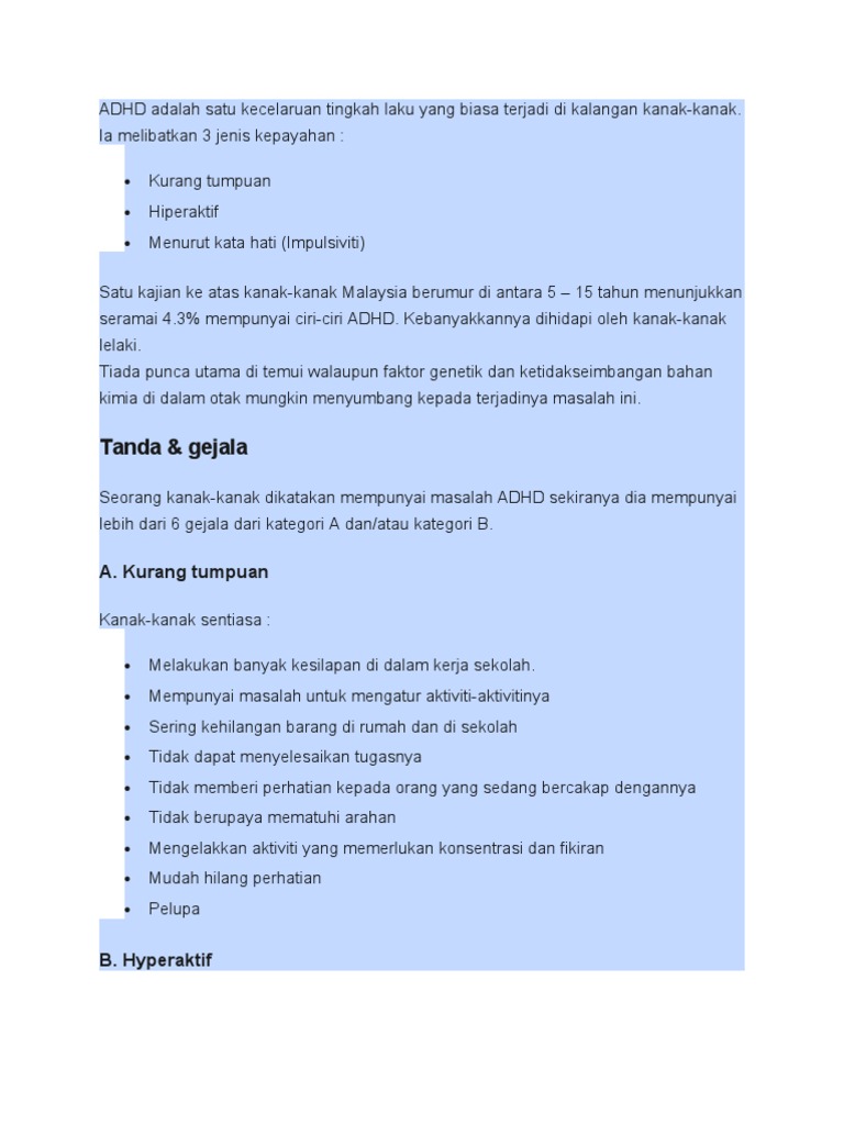 Adhd Adalah Satu Kecelaruan Tingkah Laku Yang Biasa Terjadi Di Kalangan Kanak Pdf