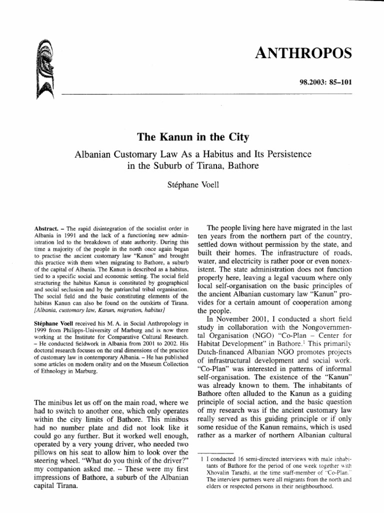 The Kanun In The City Albanian Customary Law As A Habitus And Its Persistence In The Suburb Of Tirana Bathore Pdf