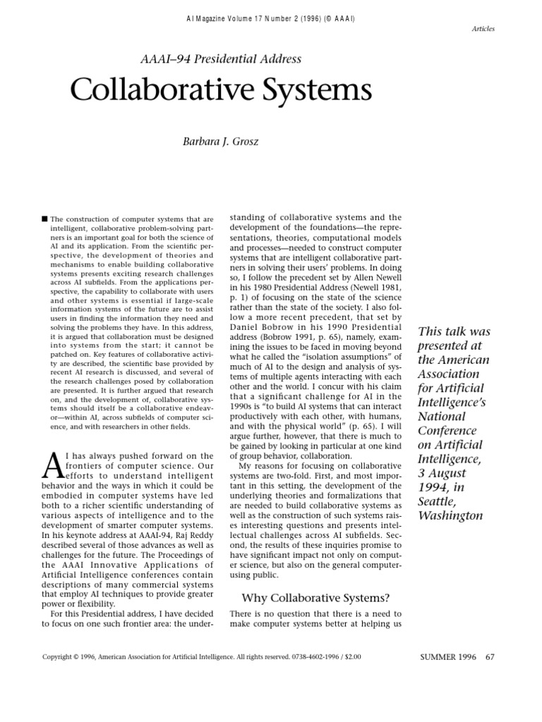 Collaborative Systems: AAAI-94 Presidential Address | PDF | Artificial ...