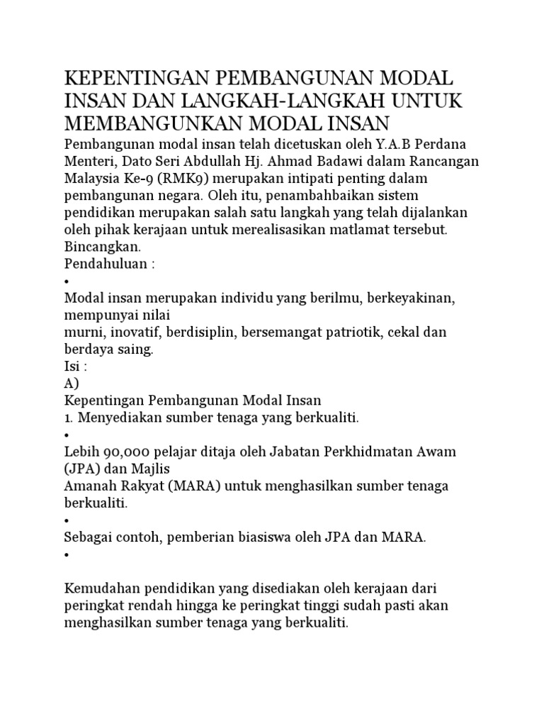 Kepentingan Pembangunan Modal Insan Dan Langkah Pdf