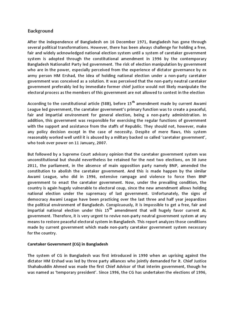 Background Caretaker Government (CG) in Bangladesh PDF Forms Of