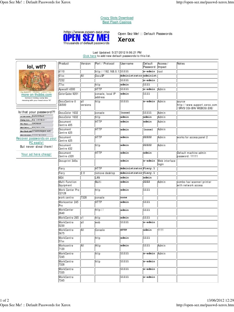Default Passwords for Xerox Printers