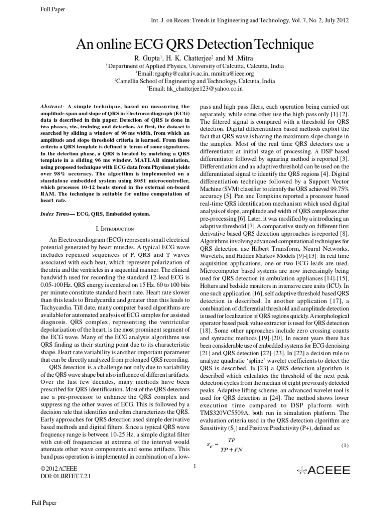 An Online ECG QRS Detection Technique | PDF | Electrocardiography ...