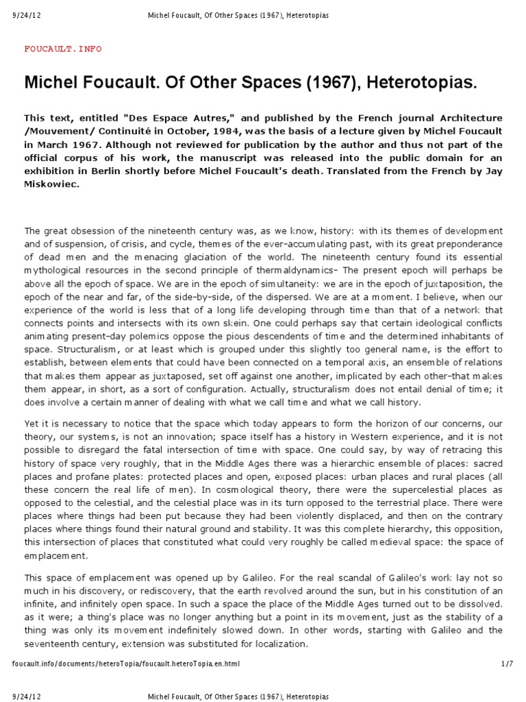 Michel Foucault Of Other Spaces 1967 Heterotopias PDF Mirror