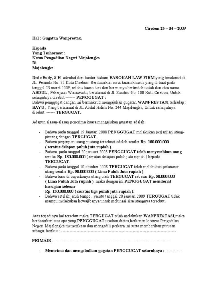 Download 61+ Contoh Surat Gugatan Wanprestasi Terbaik Dan Terbaru
