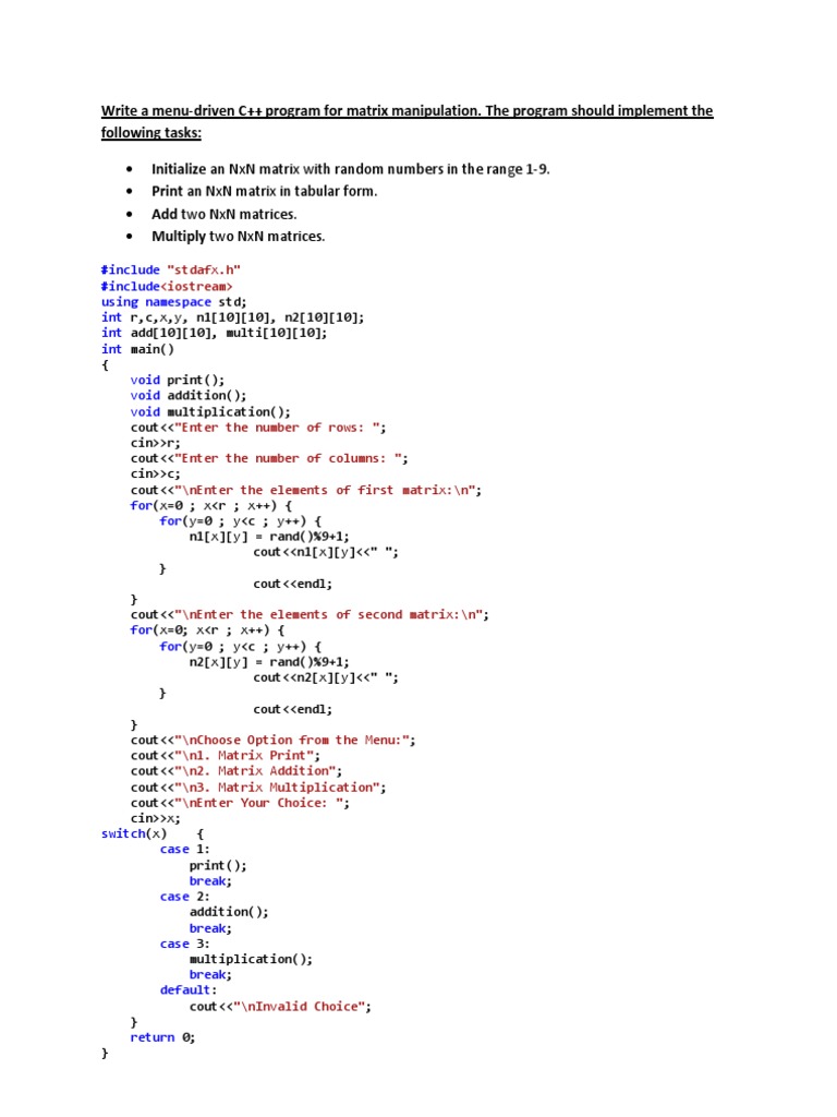 Menu Driven C Program For Matrix Manipulation Functional Analysis Matrix Mathematics