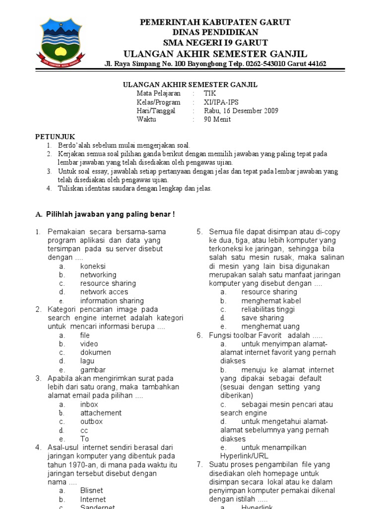 24497154 Soal Tik Kelas Xi Semester Ganjil