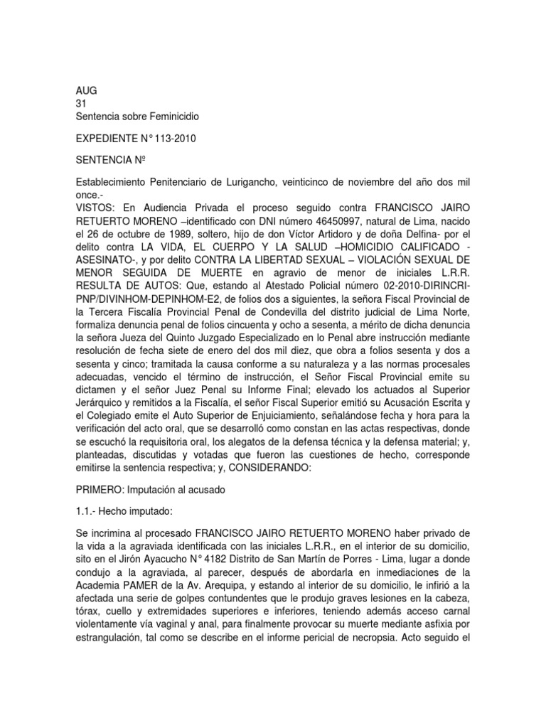 Sentencia por Feminicidio en Lima 2011 | PDF | Homicidio | Violación