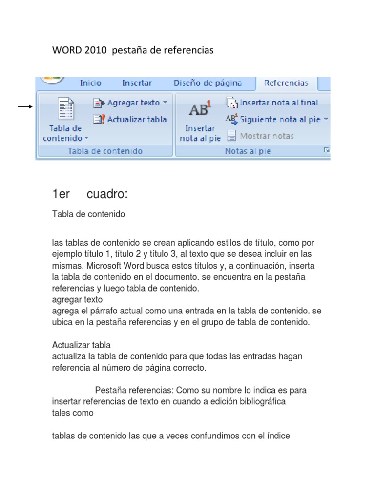WORD 2010 pestaña de referencias Tabla (Base de datos) Point And