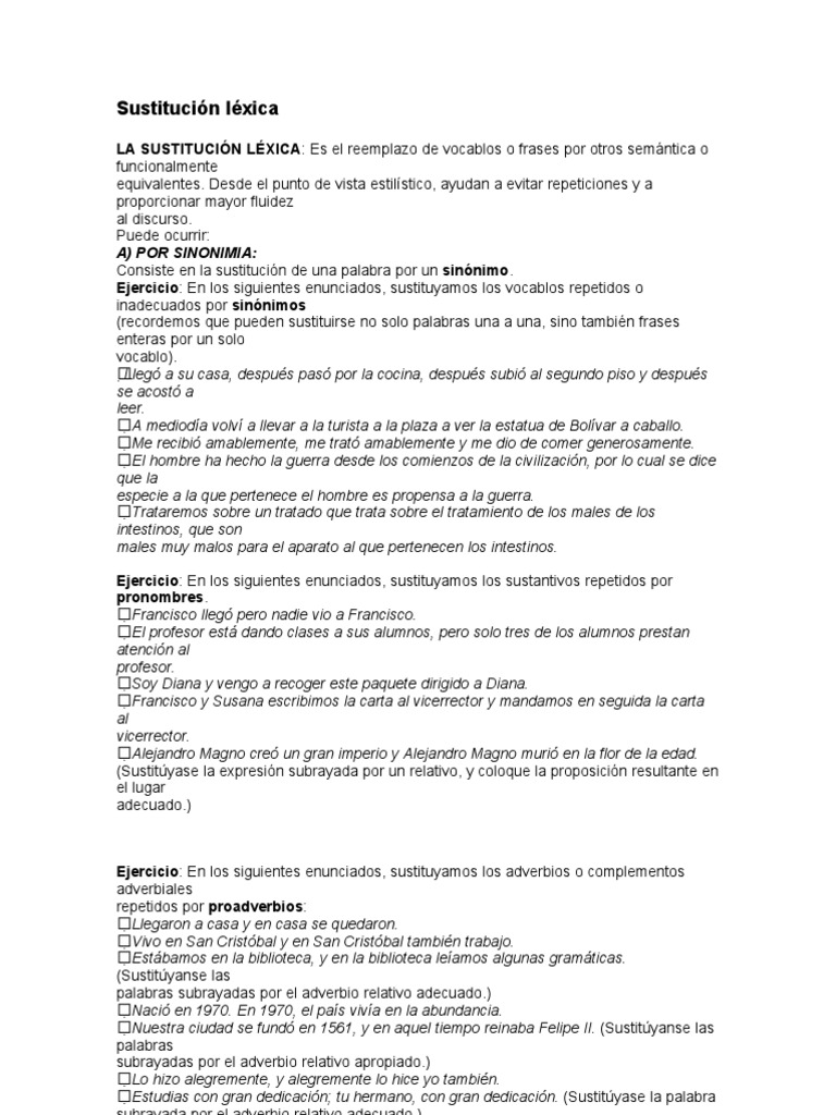 Ejercicios de sustitución léxica | PDF | Semántica | Mecánica del lenguaje