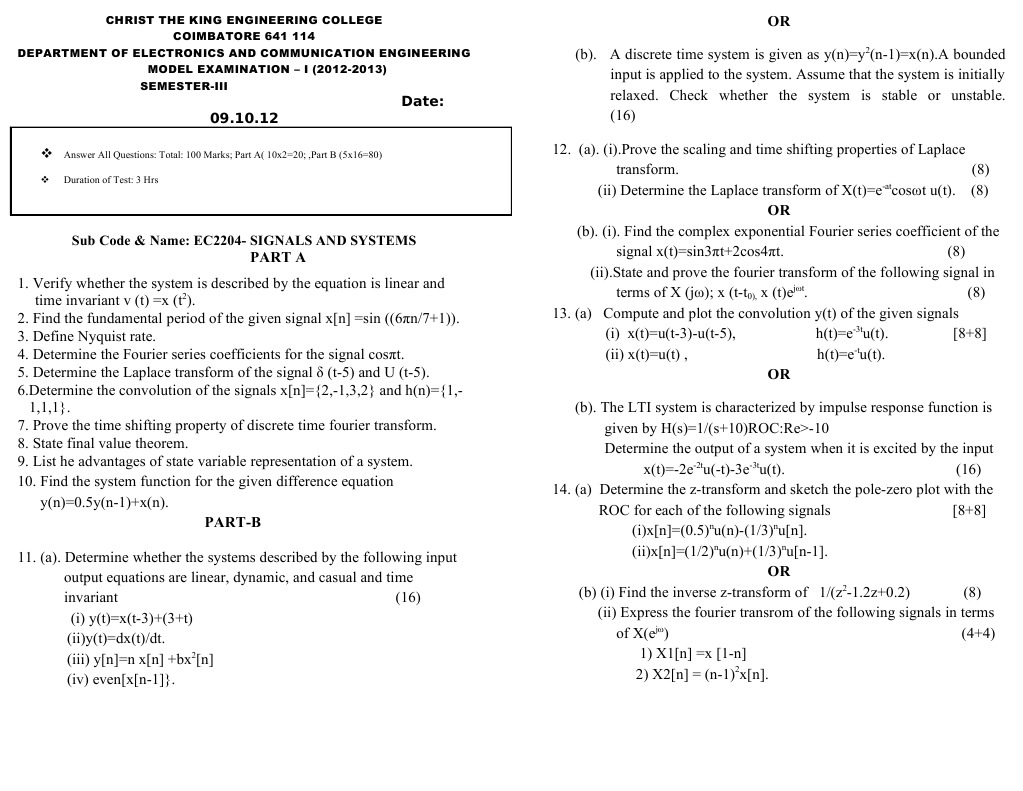 Signals and Systems Model Exam 2012 | PDF | Fourier Transform | Laplace ...
