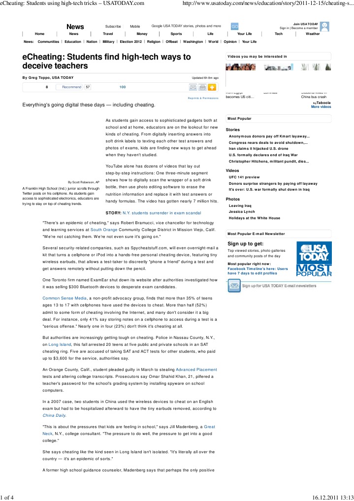 Echeating - Students Using High-Tech Tricks - USA TODAY | PDF ...