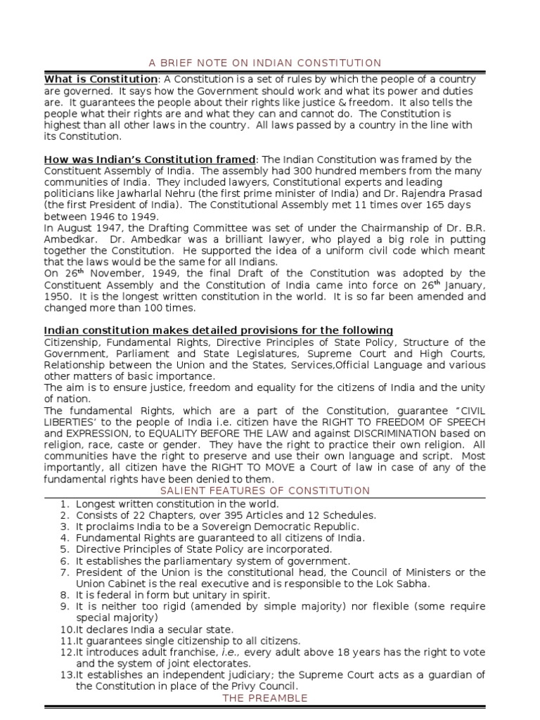 A Brief Note On Indian Constitution | PDF