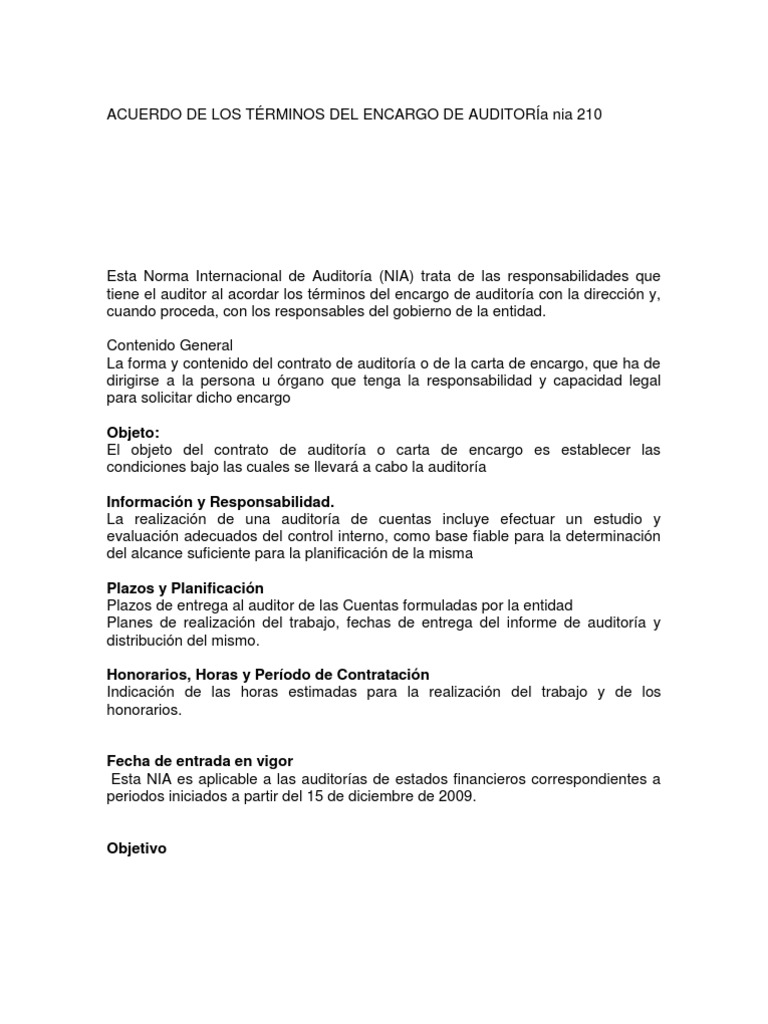 ACUERDO DE LOS TÉRMINOS DEL ENCARGO DE AUDITORÍa nia 210