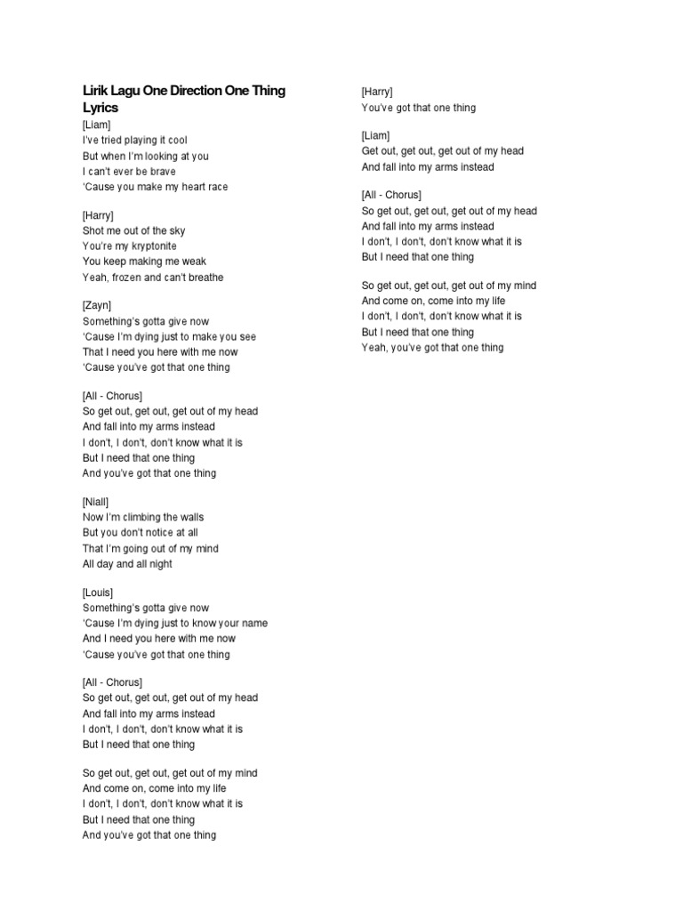 Lirik Lagu One Direction One Thing Lyrics