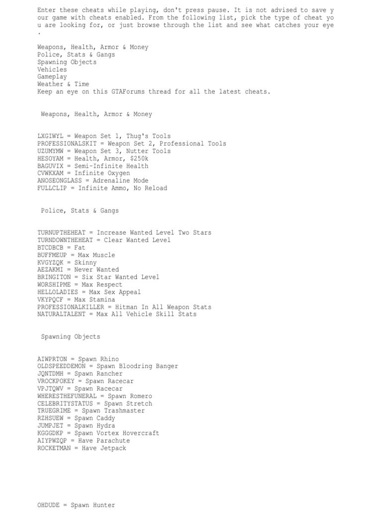 Gta San Andreas All Cheats | PDF | Leisure | Entertainment (General)