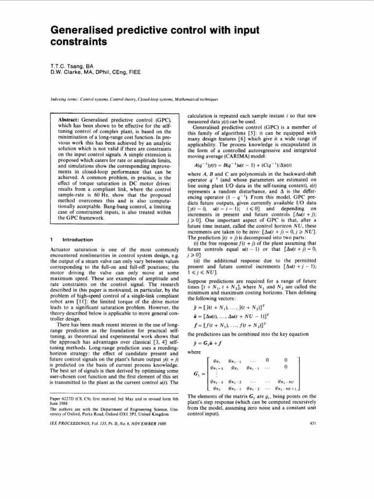 Generalised Predictive Control with Constraints | PDF | Mathematical ...