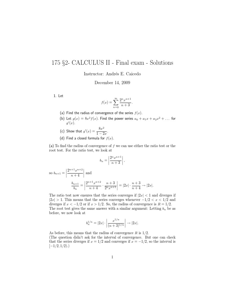 Calculus II Final Exam Solutions | PDF