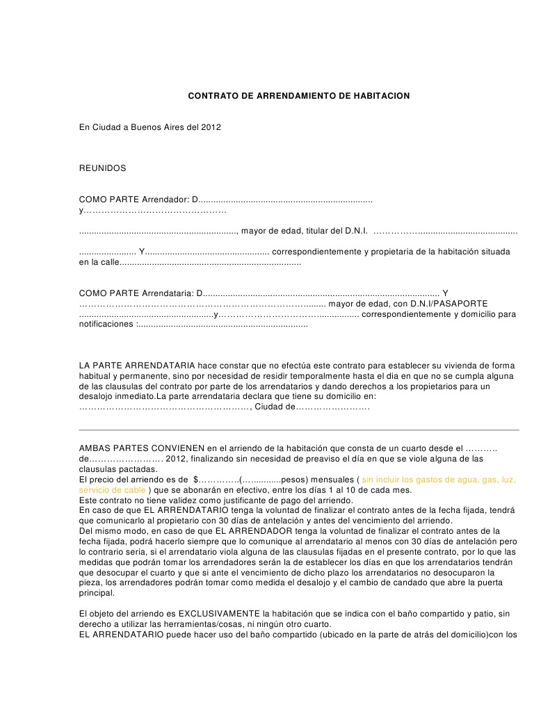 Modelo de Contrato de Arrendamiento de Habitacion | PDF | Alquiler |  Propiedad