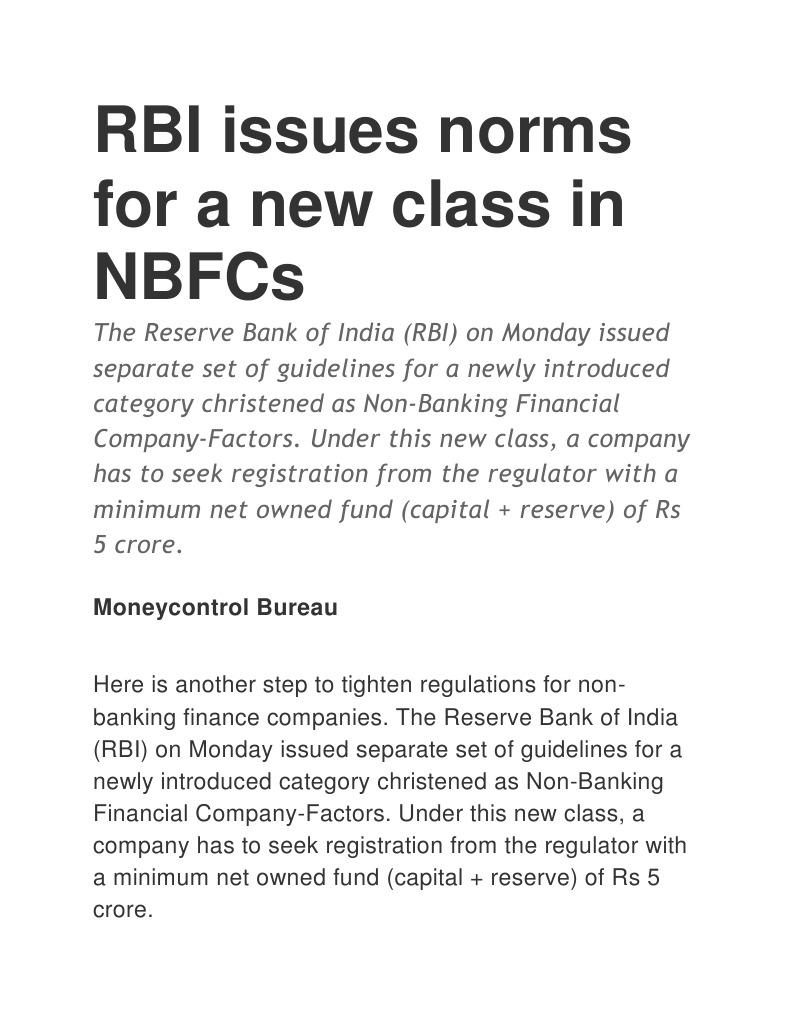 RBI Issues Norms For A New Class in NBFCs | PDF